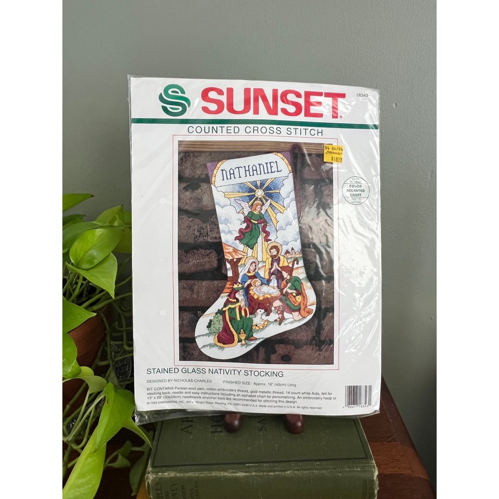 Sunset Stained Glass Nativity Stocking Counted Cross Stitch Kit 18343 Vntg 1993